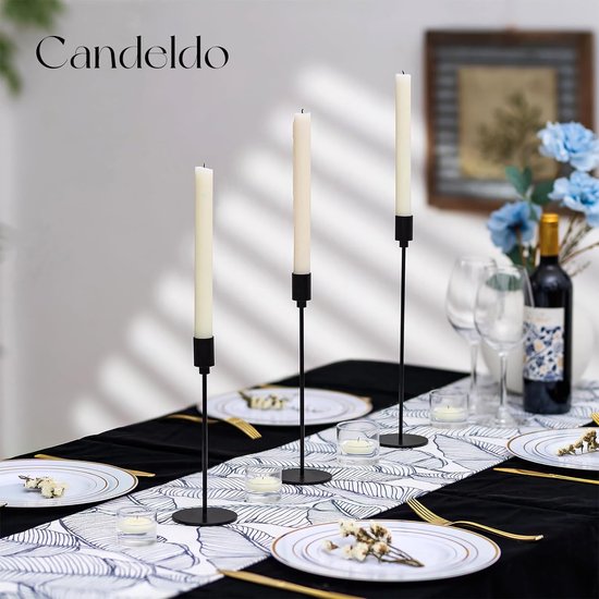 Kandelaar zwarte kaarsenhouder metalen kandelaars: Candeldo staafkaarsenhouder set van 3 moderne tafel decoratie kaarsenhouder hoog voor staafkaarsen decoratie woonkamer tafeldecoratie