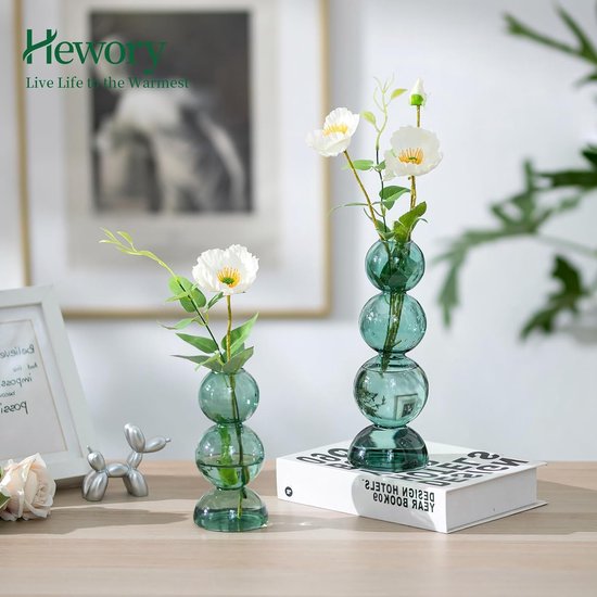 kleine glazen vaas voor bloemen, donkergroene glazen vaas voor esthetische kamerdecoratie, gekleurde knopvaas, enkele steel, decoratieve blaas-vaas voor woonkamer, tafelblad, slaapkamer,