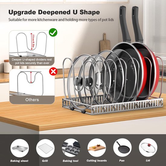 pannenhouder voor lade, uitbreidbare potdekselhouder met 7 verstelbare verdelers, potdeksel opbergpan organizer dekselhouder voor keuken, zilver