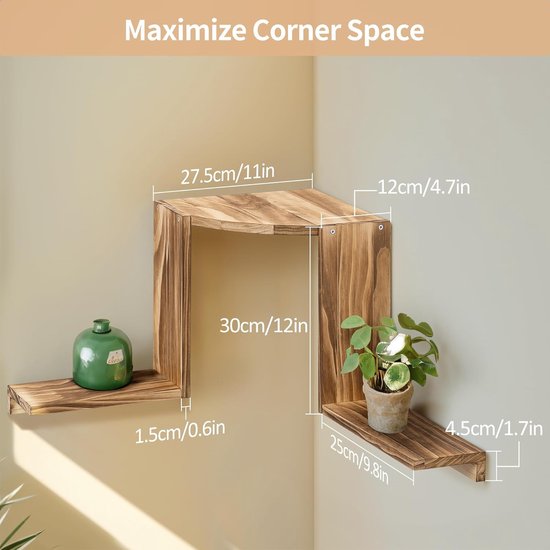 Hoekplank Hangende Wandplank Hout Rustiek Massief Grenenhout met 2 L-vormige Planken voor Keuken Badkamer Slaapkamer Woonkamer Boekenkast Zwevende Planken