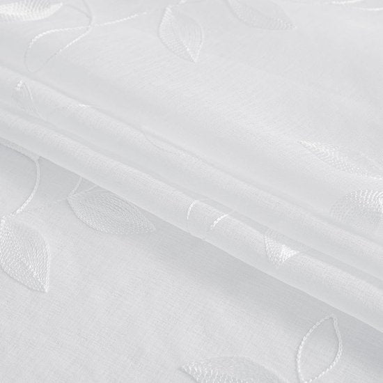 woonkamergordijnen, transparante voile gordijnen met oogjes, set van 2, H 245 x B 132 cm, linnenlook gordijnen met borduursel, wit transparant gordijn met bladmotief