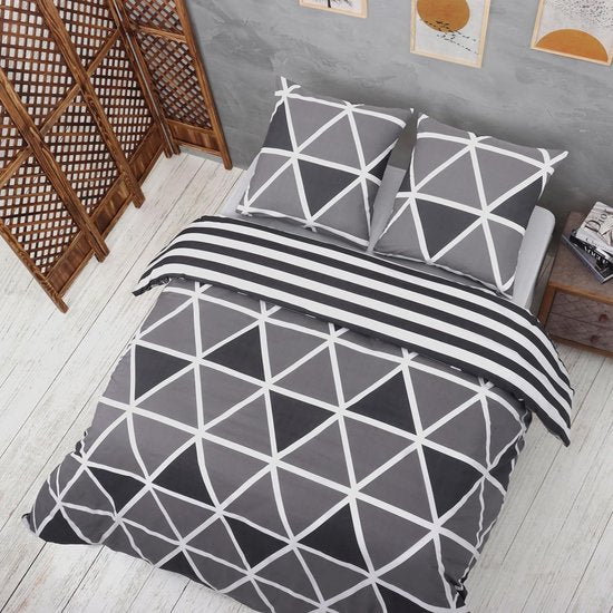 beddengoed 200x200 3-delig grijs - Oeko-TEX 80% katoen & 20% polyester, 1x dekbedovertrek met ritssluiting + 2x kussensloop 65x65 met envelopsluiting, streepmodel