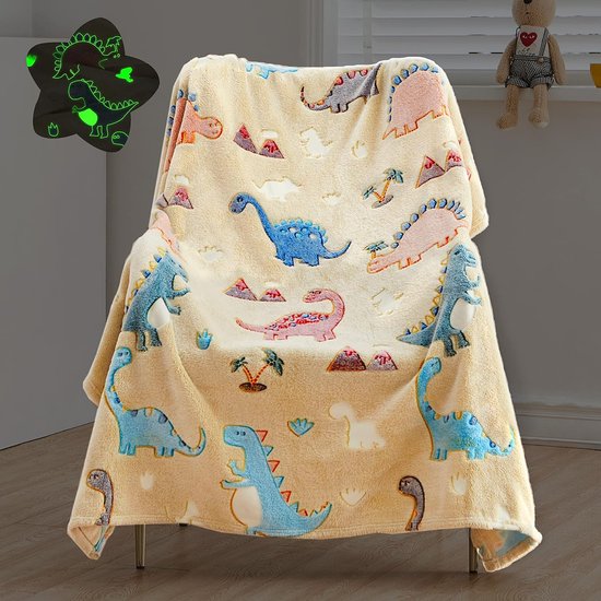 Knuffeldeken dinosaurus kinderen dino deken Glow in The Dark, zachte pluizige fleecedeken voor kinderen, gloeideken, dinosaurus, zachte bank, dino, cadeau voor jongens en meisjes, 130 x 150 cm