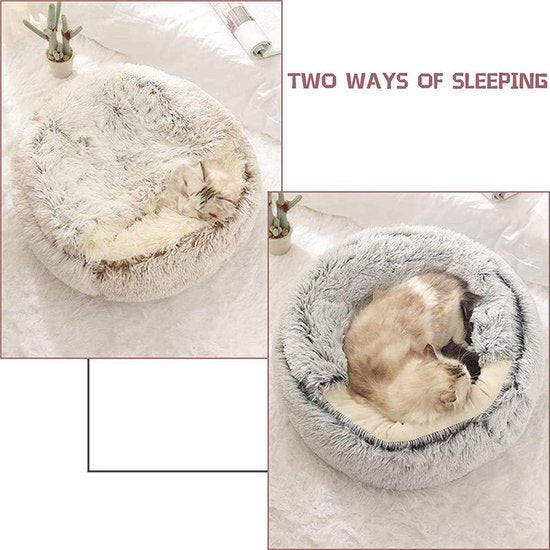 Rond pluizig kattenbed van zacht pluche, grot met capuchon, voor de winter, warm, slaapkussen, antislip, machinewasbaar, voor katten en puppy's