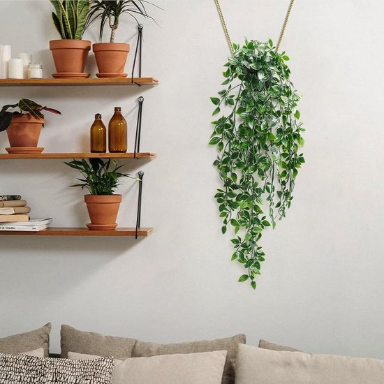 1 stuk kunsthangplanten, mandalabladeren met potten, 50 cm lang, onderhoudsvrije kunstplanten, wijnstok voor tuin, binnen en buiten