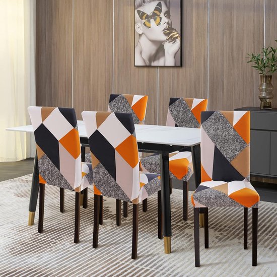 Stoelhoezen set van 4 waterdichte stoelhoezen voor eetkamerstoelen stretch stoelhoezen schommelstoelen wasbaar universele decoratie stoelhoes voor thuis restaurant keuken hotel geometrie oranje