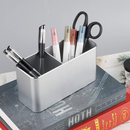 Pennenhouder bureau zilver metaal, bureau-organizer aluminium, cosmetica-penseelhouder, pennenkoker voor kantoor, kinderen, rechthoekig