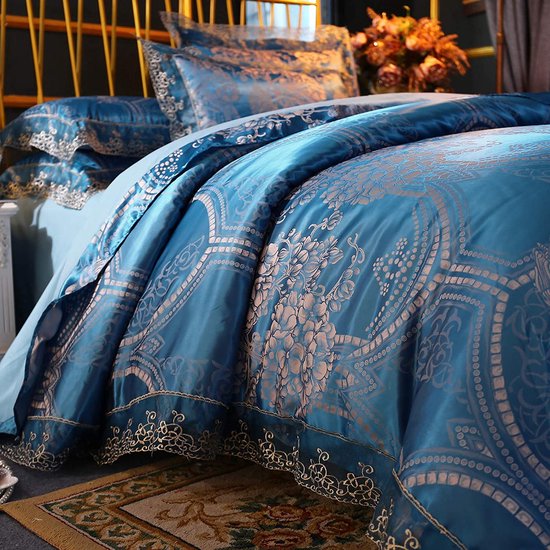 Beyeutao Beddengoed 200x200 jacquard dekbedovertrek blauw satijn beddengoed kant beddengoedsets 3-delig Paisley Damask dekbedovertrek kussensloop. (200x200cm + 2x80x80cm, blauw)