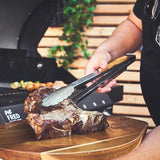 lange roestvrijstalen barbecuetang (45 cm), acaciahouten handvat, barbecueaccessoires, ophangogen, gratis recept (PDF).