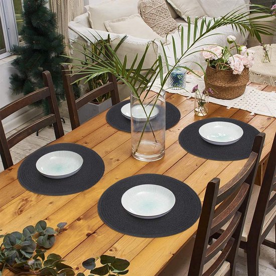Set van 6 ronde geweven placemats, zwart, katoen, hittebestendig, wasbaar, antislip, voor keuken, feest