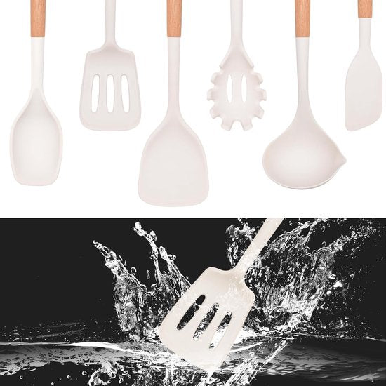 6-delige set kookgerei, van siliconen, hittebestendig, met houten handvat, anti-aanbaklaag, BPA-vrij, kookgerei, vaatwasmachinebestendig, inclusief spatel, lepel, pastamper (wit)