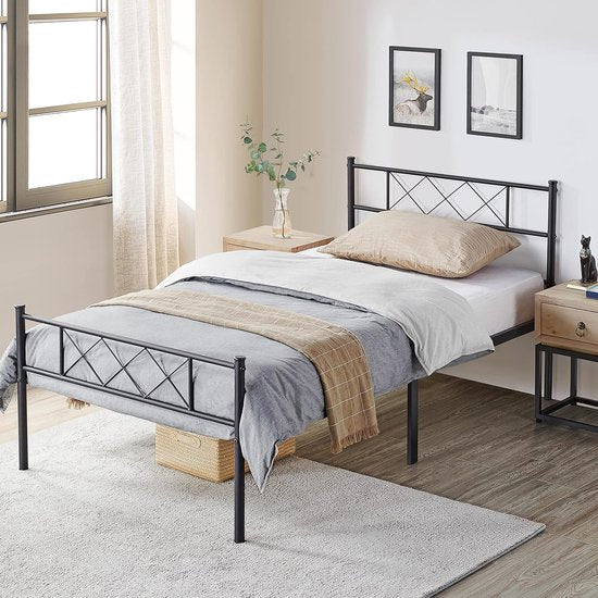 Modern metalen bedframe met lattenbodem, tweepersoonsbedframe met hoofdeinde, logeerbed voor slaapkamer en logeerkamer, 90 x 200 cm, zwart