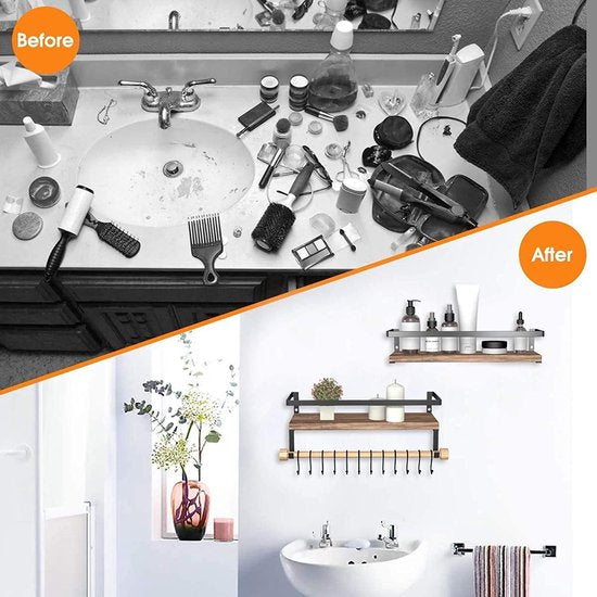 Houten wandrek, zwevend rek, 2 stuks, met handdoekhouder en 8 haken, ideaal voor keuken, woonkamer, badkamer en andere wanddecoratie