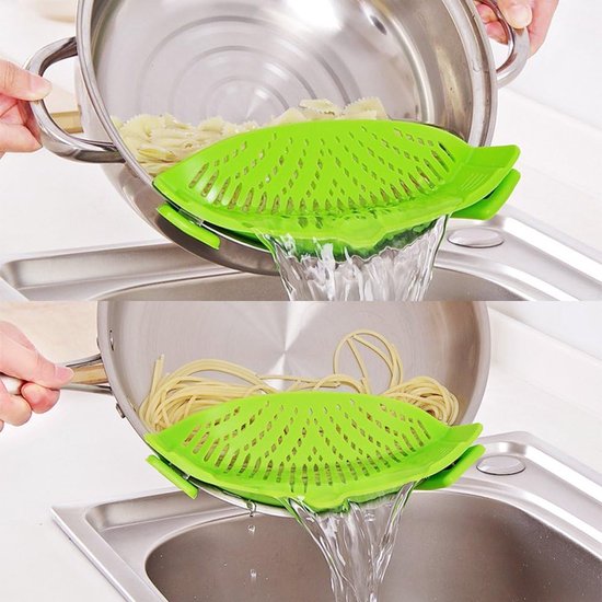 Siliconen napzeef met 2 inklapbare trechters, handsfree clip-on hittebestendige Colander Pour-uitloop voor pasta, groentenoedels pannenschaal, groen