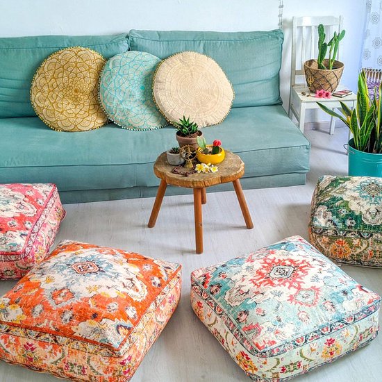 Bohemian Yoga Decor vloerkussenhoes - 60x20 cm - vierkante meditatiekussenhoes - bedrukte katoenen kruk