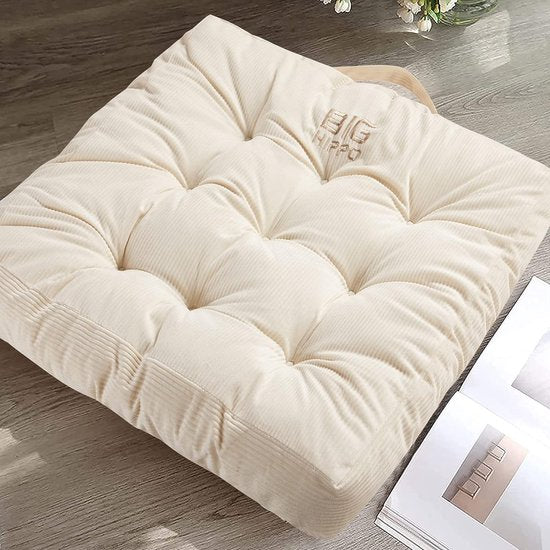 Zitkussen met banden, 55 x 55 cm, stoelkussen voor stoelen en vloeren, zacht zitkussen voor thuis, kantoor, banken en alle stoelen, beige (1 stuks)