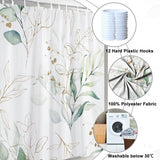 Eucalyptus Shower Curtain, Green Gold Leaves, Textile Shower Curtain, Anti-Mould, Waterproof, Polyester Fabric, Washable, Opaque, Bathroom Curtain with 12 Hooks, 180 W x 220 L cm