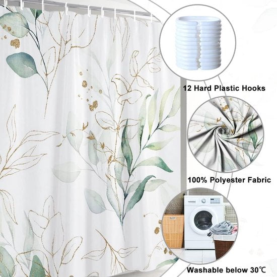 Eucalyptus Shower Curtain, Green Gold Leaves, Textile Shower Curtain, Anti-Mould, Waterproof, Polyester Fabric, Washable, Opaque, Bathroom Curtain with 12 Hooks, 180 W x 220 L cm