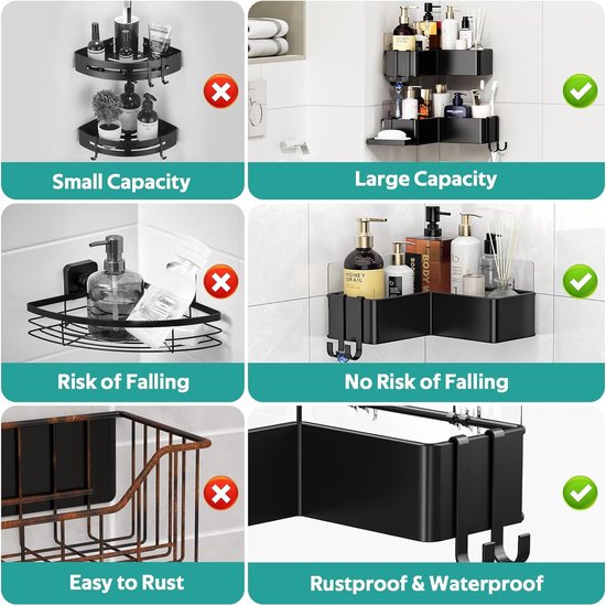 Doucheplank, zonder boren, roestvrij, zelfklevend, badkamerorganizer, hoek, doucheplank met 4 haken en zeephouder, duurzame shampoohouder voor douche van roestvrij staal, 2 stuks