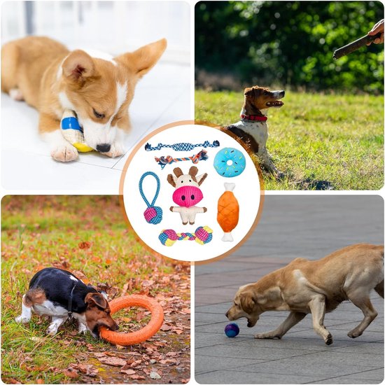 Pak van 7 hondenspeeltjes, kleine honden, puppyspeelgoed, hondenspeelgoed, hondenspeelgoed, duurzaam kauwspeelgoed en piepende intelligentie hondenknuffelset, puppy bijtvaste knuffel