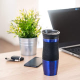 Thermobeker 400 ml + 1 extra deksel - roestvrij staal - siliconen soft-touch greep - BPA-vrij - thermosbeker dubbelwandig - reismok - koffiemok to go, kleur: blauw metallic