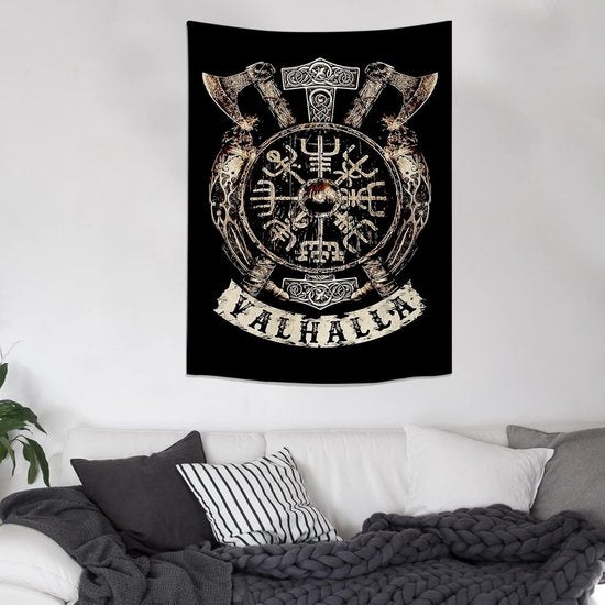Viking decoratief wandtapijt Vegvisir assen hamer Valhalla muur doek Scandinavische mythologie Fathurk wandbehang Gothic esthetisch decoratief tapijt klein zwart 150 x130cm