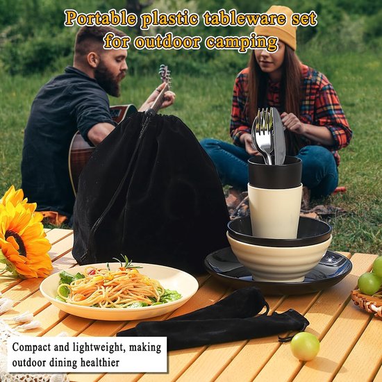 Campingbestekset, herbruikbare lichte bekers, schalen, borden en roestvrijstalen bestek met zwarte tas, vaatwasmachinebestendig