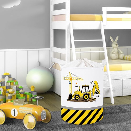 45L Cartoon Digger Sertifen Yellow Boys Laundry Basket Crane Round Toy Clothes Storage Basket for Baby Room, 36 x 45 cm