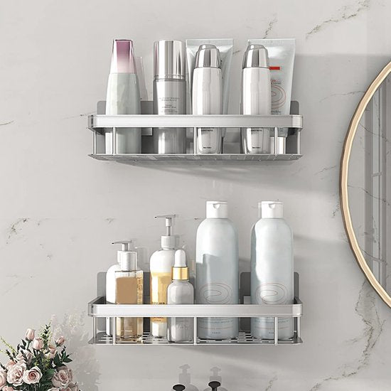 No-Drilling Shower Caddy, 2 stuks badkamerplank, ruimte aluminium roestvrij badkamerplank, zelfklevende douchemand voor badkamer toilet keuken, doucheplank met 4 haken, zilver, 30cm