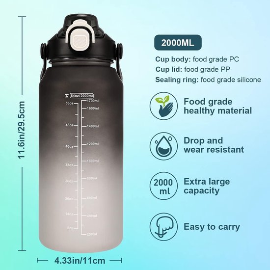 Drinkfles, 2 l, waterfles met tijdmarkeringen en rietje, lekvrij, sportfles, BPA-vrij, voor koolzuur, camping, outdoor, bergbeklimmen, vissen, yoga, gym (zwart-wit)