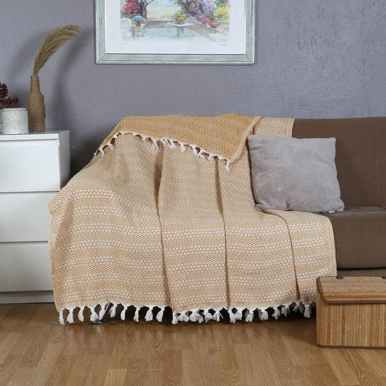 Dubbele sprei goud-geel, katoen, bankovertrek, knuffelige tv-deken, bankdeken, fauteuildeken, omkeerbare deken, bedsprei, bankhoes, zomerdeken, picknickdeken, 200 x 230 cm