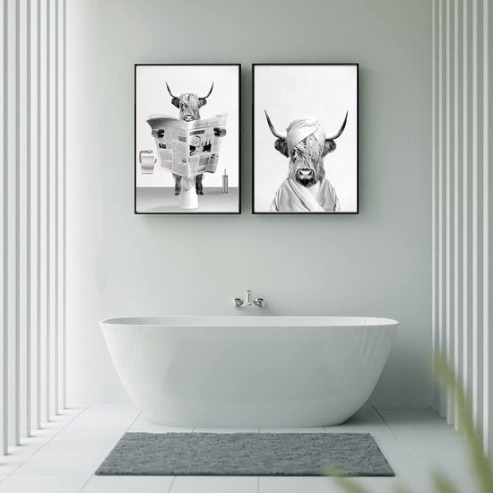 Dier in de badkuip canvas foto's, zwart wit hoogland koe olifant badkamer poster moderne woonkamer slaapkamer woondecoratie zonder frame