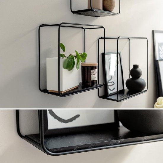 Wandrekset, 3-delig hangrek van metaal en echt hout Veneer, wanddecoratie en plank voor badkamer, woonkamer, keuken, slaapkamer en meer, mat zwart