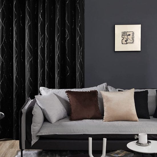 Zwart Gordijnen, Stippellijn Folie Afgedrukt Thermisch Geïsoleerde Verduisterende Gordijnen, Raambehandeling Gordijnen voor Slaapkamer, 117 x 138 cm(Breedte x Hoogte), 2 panelen