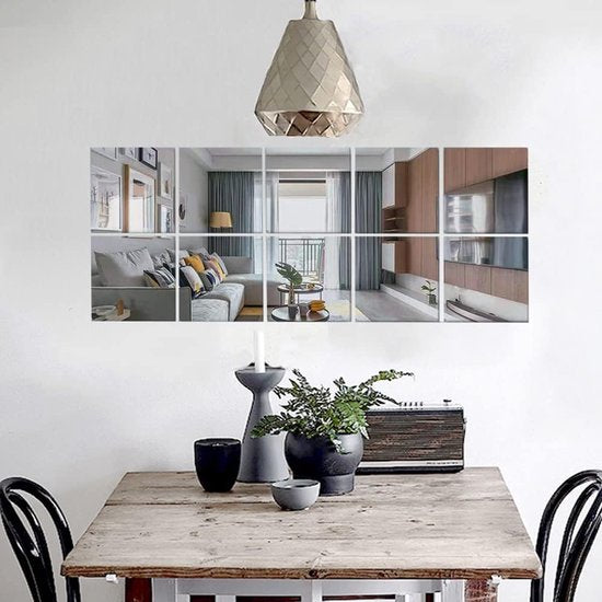 Vierkant acryl spiegelstickervel, 10 stuks acryl spiegel-muurstickers, 15 cm x 15 cm, verwijderbare muurstickers, voor badkamer, woonkamer, slaapkamer, stickers (zilver)