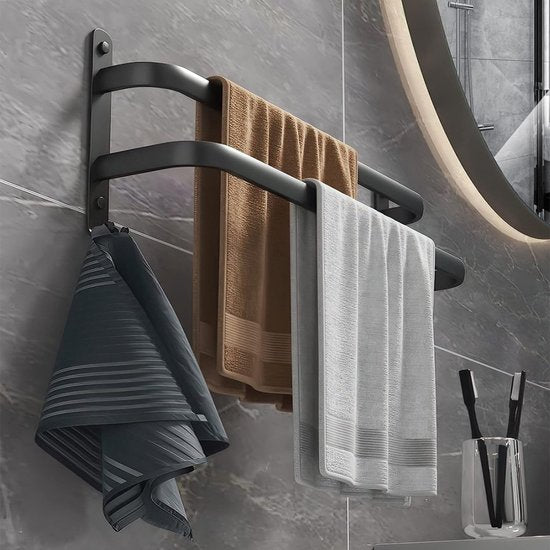 Handdoekhouder, zwart, aluminium, zonder boren, handdoekhouder, wandmontage, gastendoekhouder, badhanddoekhouder met 2 haken, handdoekhouder voor badkamer, keuken, toilet, 40 cm (2 lagen)