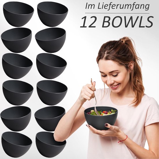 Bowl Mueslikommen, set van 12, onbreekbaar, 750 ml dessertkommen, soepkommen, kommen en kommen set van kunststof (antraciet zwart, 12 x 750 ml)