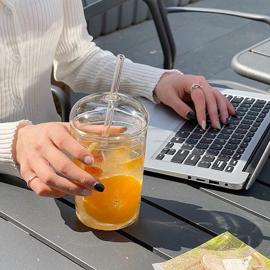 IJskoffieglazen met glazen deksel en glazen rietje, 450 ml, herbruikbare ijskoffiebeker, transparante drinkbeker met deksel en rietje voor koude dranken, ijskoffie, transparant