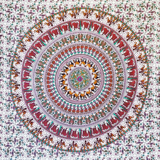 Wandtapijt Mandala - 100% katoen, kleurrijk, Oosterse ontwerpen - Ideaal als wanddoek Mandala, Indiase wandbekleding van stof en wandtapijt Boho - wit-bruin, 210x230 cm