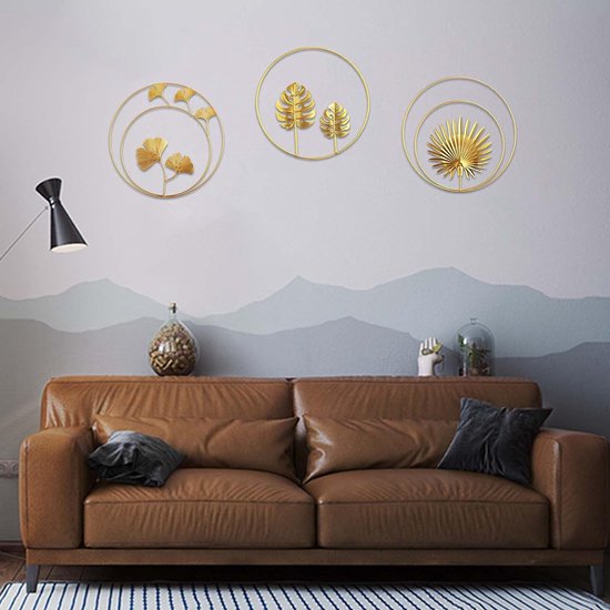 3 stuks wandsculpturen gouden wandafbeeldingen 3D wanddecoratie deco goud woonkamer rond ornament wandbehang metaal wanddecoratie voor slaapkamer gang kantoor decoreren (met 5 naadloze nagels)