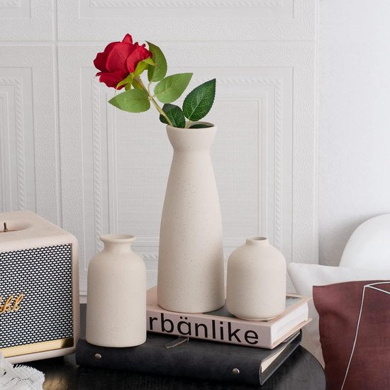 Zwarte keramische vazenset van 3 kleine bloemenvazen voor decoratie, moderne rustieke boerderij huisdecoratie, decoratieve vazen voor pampasgras-ideeënplank (Beige)