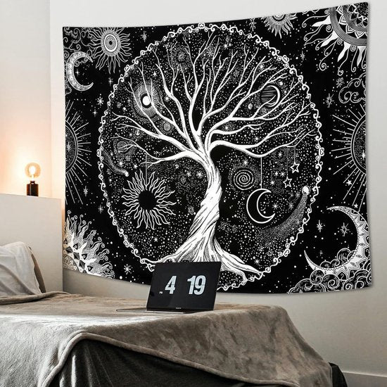 Levensboom wandtapijt zwart-wit-zon-maan-wandtapijt Galaxy Space wandtapijt zwart esthetisch wandtapijt voor slaapkamer L / 150 cm x 200 cm