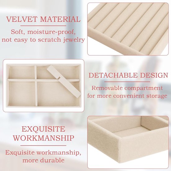 4 stuks sieradendoosje, 21 x 12,5 x 2,5 cm, fluwelen sieradeninzetstuk voor laden, sieradenkistjes, stapelbaar, sieradenopslag lade voor halskettingen, armbanden, oorbellen, ringen, horloges