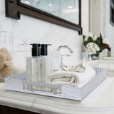 Dienblad van PU-leer, modern, elegant, rechthoekig, decoratief dienblad met metalen handvat, grote capaciteit, lederen serveerplaat voor eten, dranken, sieraden, sleutels, woonkamer, keuken, ijdelheid (zilver)