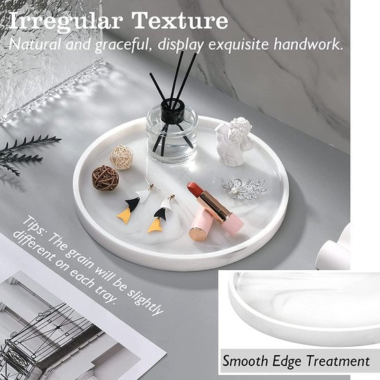 Cosmetische dienblad, ronde harsdienblad, keramische sieradendienblad, opbergbak, make-up-organizer, sieradenopbergdienblad, voor badkamer, toilettank, wastafel, wit marmerpatroon