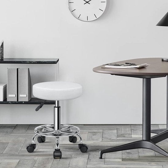 Rolkruk, in hoogte verstelbaar, draaibaar, barkruk, werkkruk van kunstleer, bureaukruk, wit