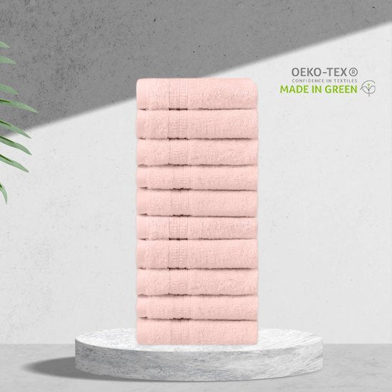 Handdoekset van 100% biologisch katoen, badhanddoek, hoge kwaliteit, zacht en zeer absorberend, sneldrogend, Oeko-Tex, gemaakt in groen en GOTS-gecertificeerd (10 gastenhanddoeken, zeeschelproze)
