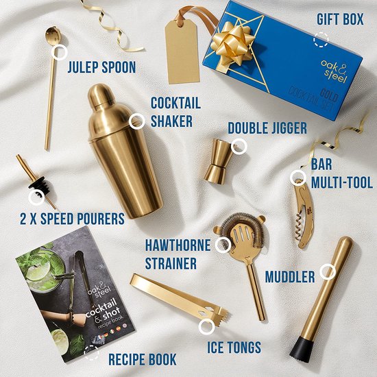 10-Delige Gouden Cocktail Set, Complete Geschenkset met Roestvrijstalen Cocktailshaker, Schenktuit, Muddler en Meer