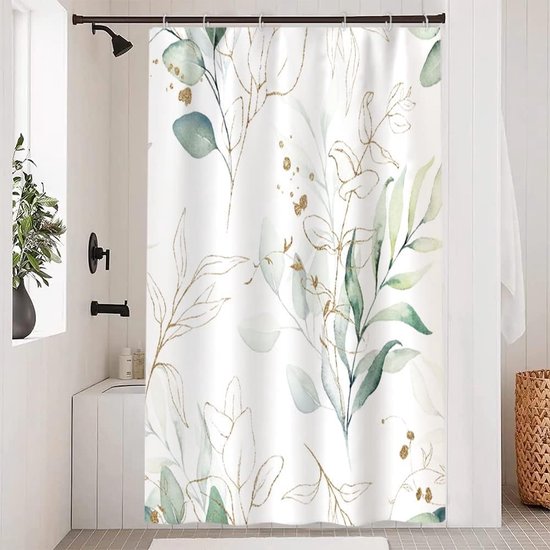 Eucalyptus Shower Curtain, Green Gold Leaves, Textile Shower Curtain, Anti-Mould, Waterproof, Polyester Fabric, Washable, Opaque, Bathroom Curtain with 12 Hooks, 180 W x 220 L cm