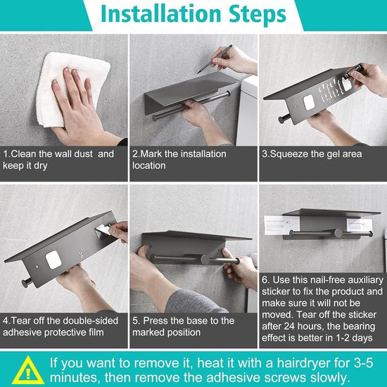 Toiletpapierhouder zonder boren, wc-papierhouder met plank, zelfklevende wandmontage, aluminium dubbele toiletrolhouder, wc-papierhouder, papierrolhouder voor badkamer, 31 cm, grijs
